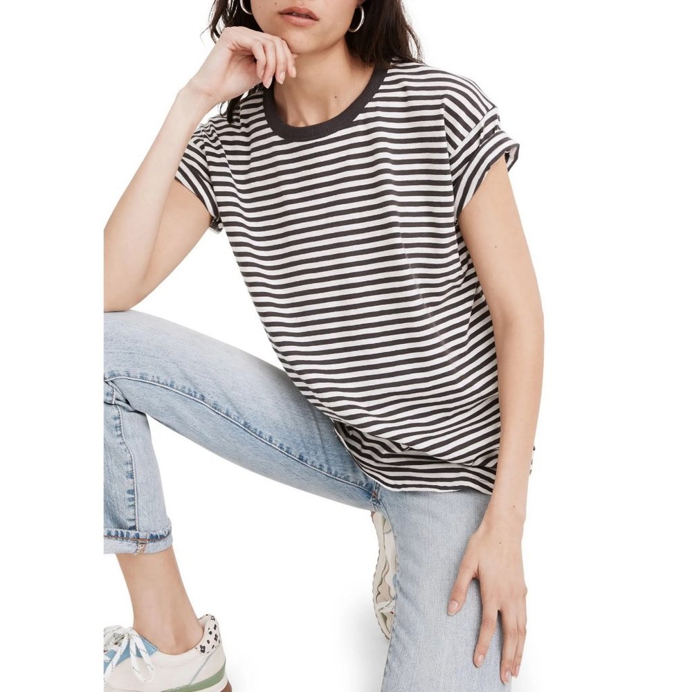 NWT Madewell Stripe Cotton Rib Crewneck T-Shirt Warhol Coal XS Curved Hem